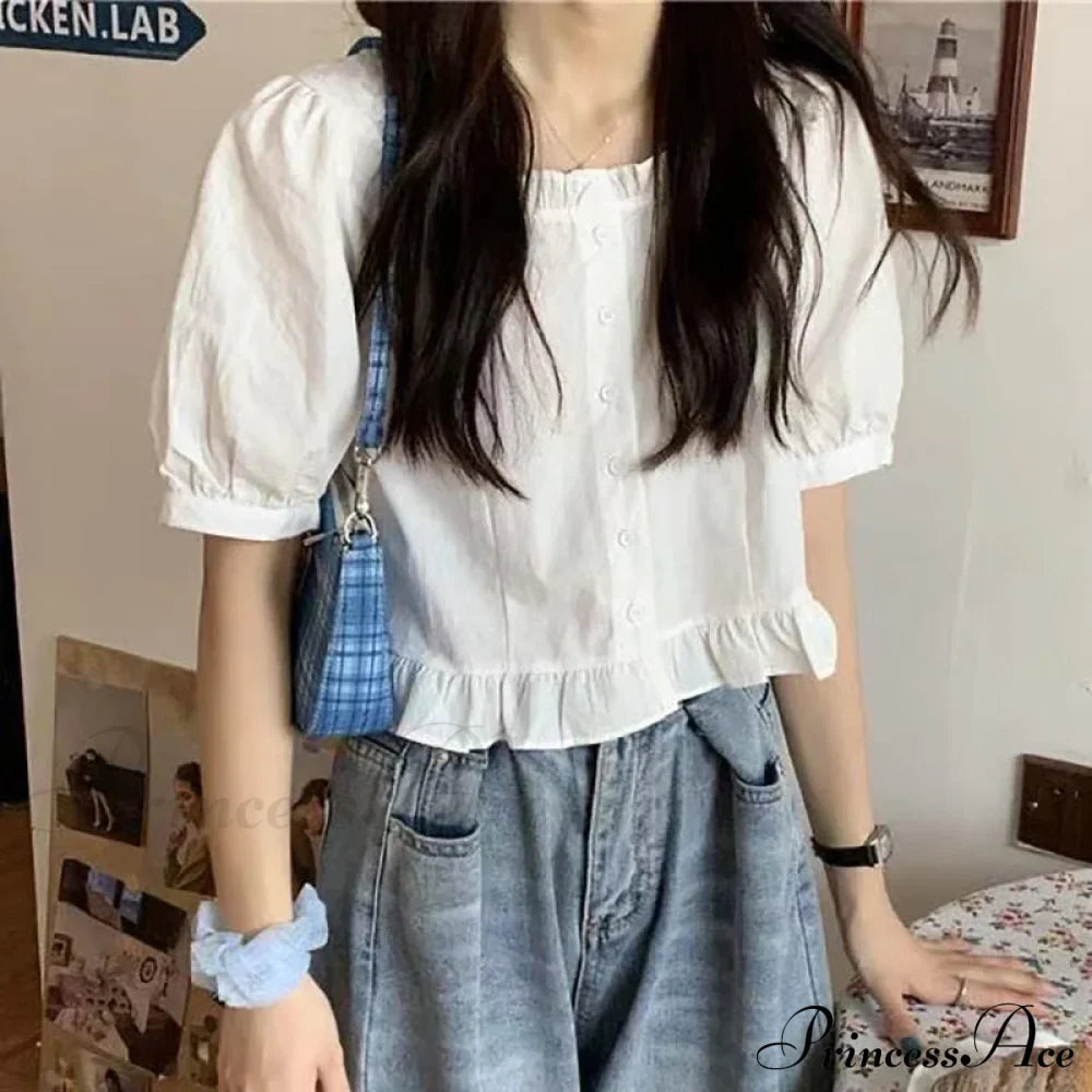 Up Cute Ruffles Waist Button Blouse Clothing High Puff Youth Crop Warm-Season Top White Arm Elegant