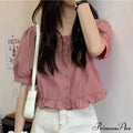 Up Cute Ruffles Waist Button Blouse Clothing High Puff Youth Crop Warm-Season Top White Arm Elegant