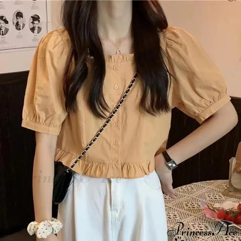 Up Cute Ruffles Waist Button Blouse Clothing High Puff Youth Crop Warm-Season Top White Arm Elegant
