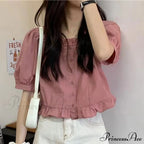 Up Cute Ruffles Waist Button Blouse Clothing High Puff Youth Crop Warm-Season Top White Arm Elegant