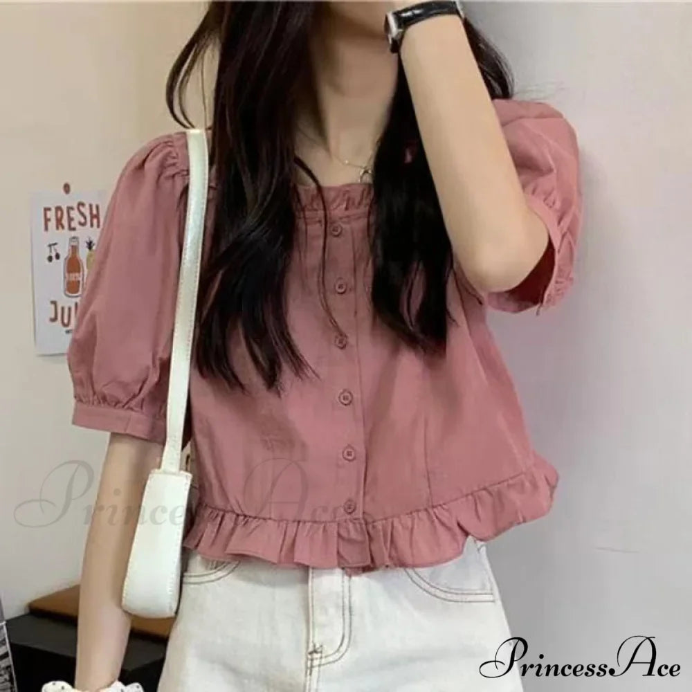 Up Cute Ruffles Waist Button Blouse Clothing High Puff Youth Crop Warm-Season Top White Arm Elegant