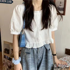 Up Cute Ruffles Waist Button Blouse Clothing High Puff Youth Crop Warm-Season Top White Arm Elegant