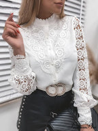 Up Pink Arm Lace Vintage Spliced Button Blouse Long Casual Top