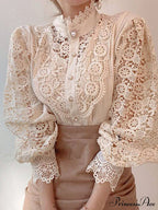 Up Pink Arm Lace Vintage Spliced Button Blouse Long Casual Top