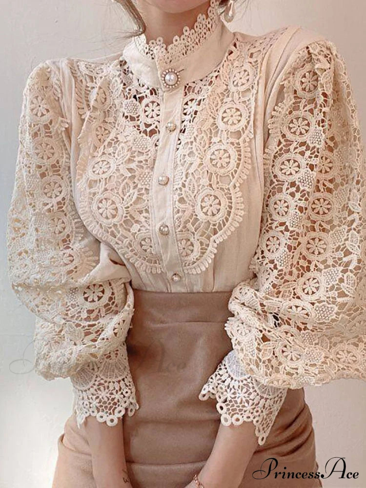 Up Pink Arm Lace Vintage Spliced Button Blouse Long Casual Top