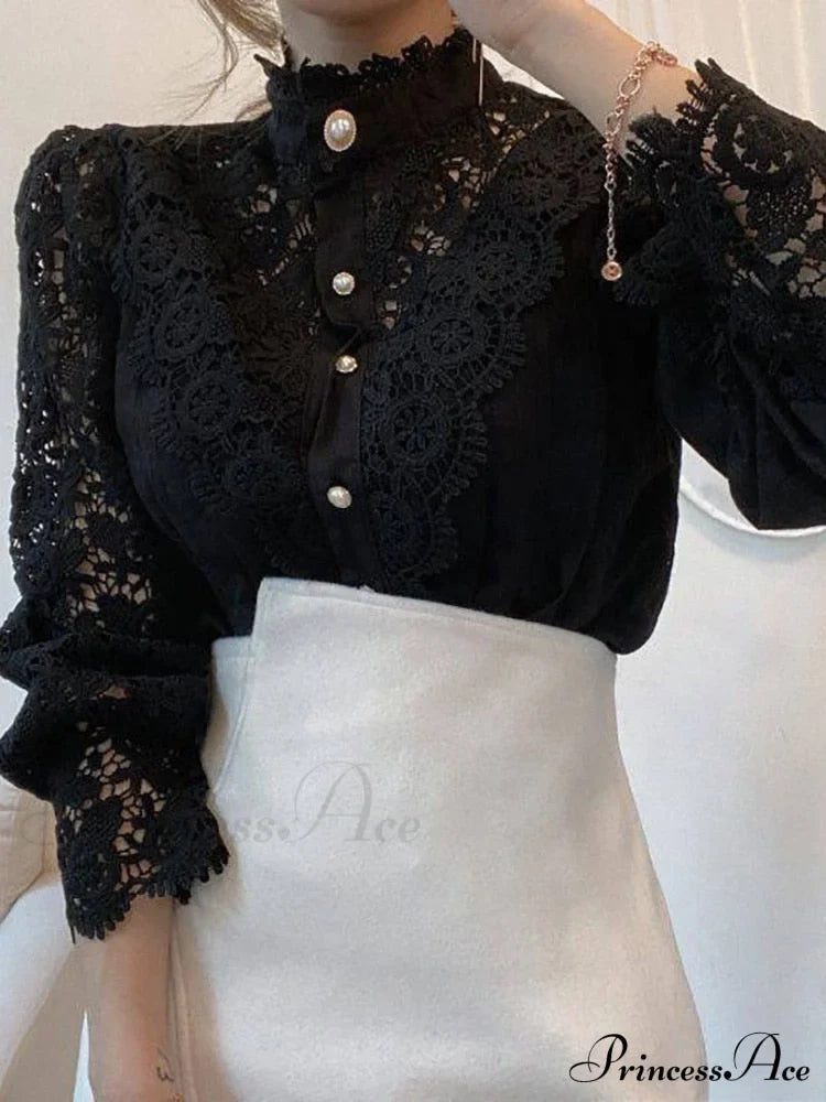 Up Pink Arm Lace Vintage Spliced Button Blouse Long Casual Top