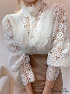 Up Pink Arm Lace Vintage Spliced Button Blouse Long Casual Top