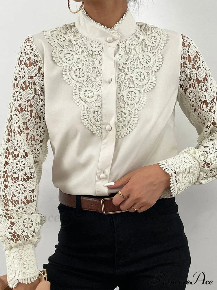 Up Pink Arm Lace Vintage Spliced Button Blouse Long Casual Top