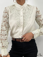 Up Pink Arm Lace Vintage Spliced Button Blouse Long Casual Top