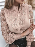 Up Pink Arm Lace Vintage Spliced Button Blouse Long Casual Top