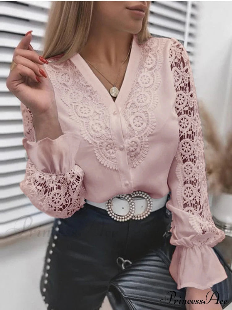 Up Pink Arm Lace Vintage Spliced Button Blouse Long Casual Top
