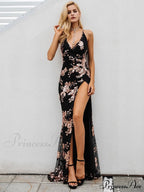Up Split - Lace Party Halter Long Sequin Gown For Full-Length Evening High With Length Women