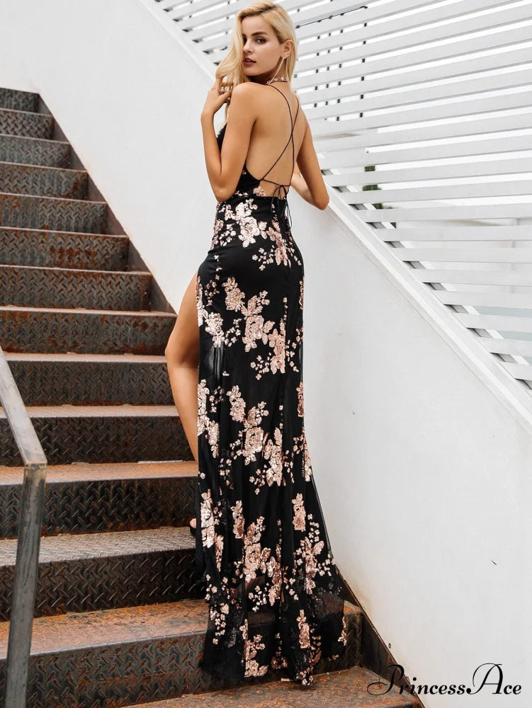 Up Split - Lace Party Halter Long Sequin Gown For Full-Length Evening High With Length Women