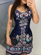 V-Neck Buttoned Design Floral Print Dress