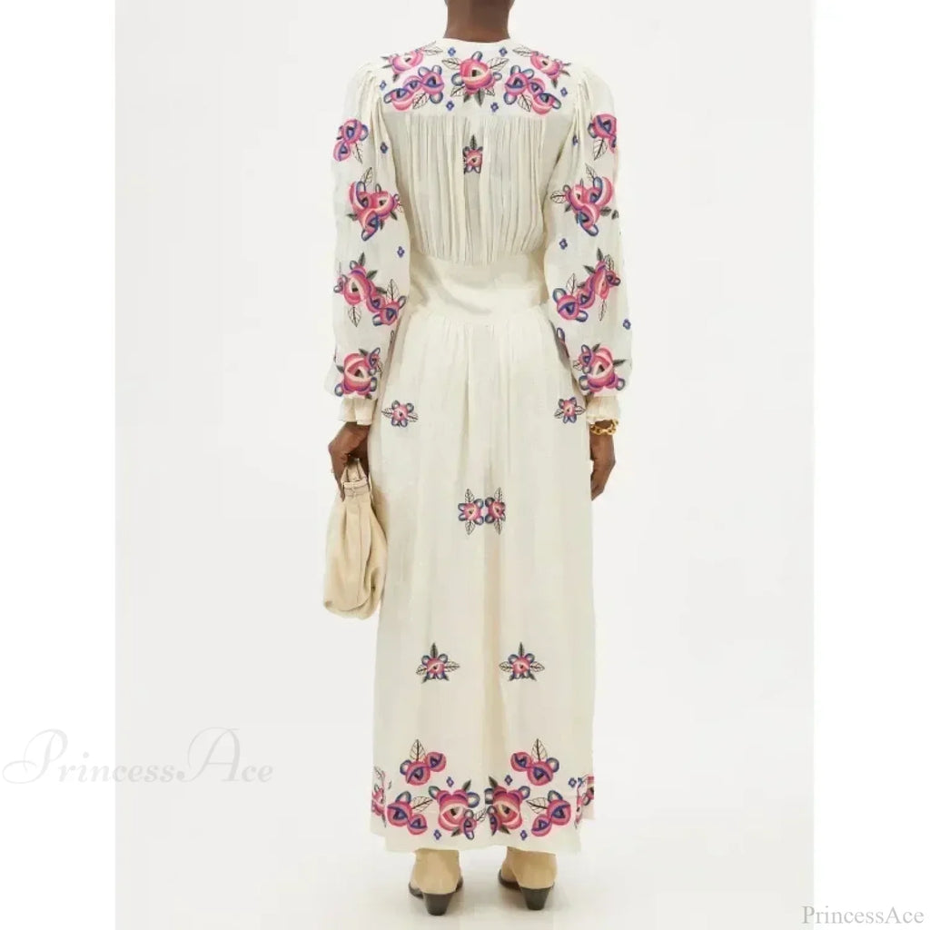 V-Neck Floral A-Line Lantern Sleeve Cotton Boho Dress