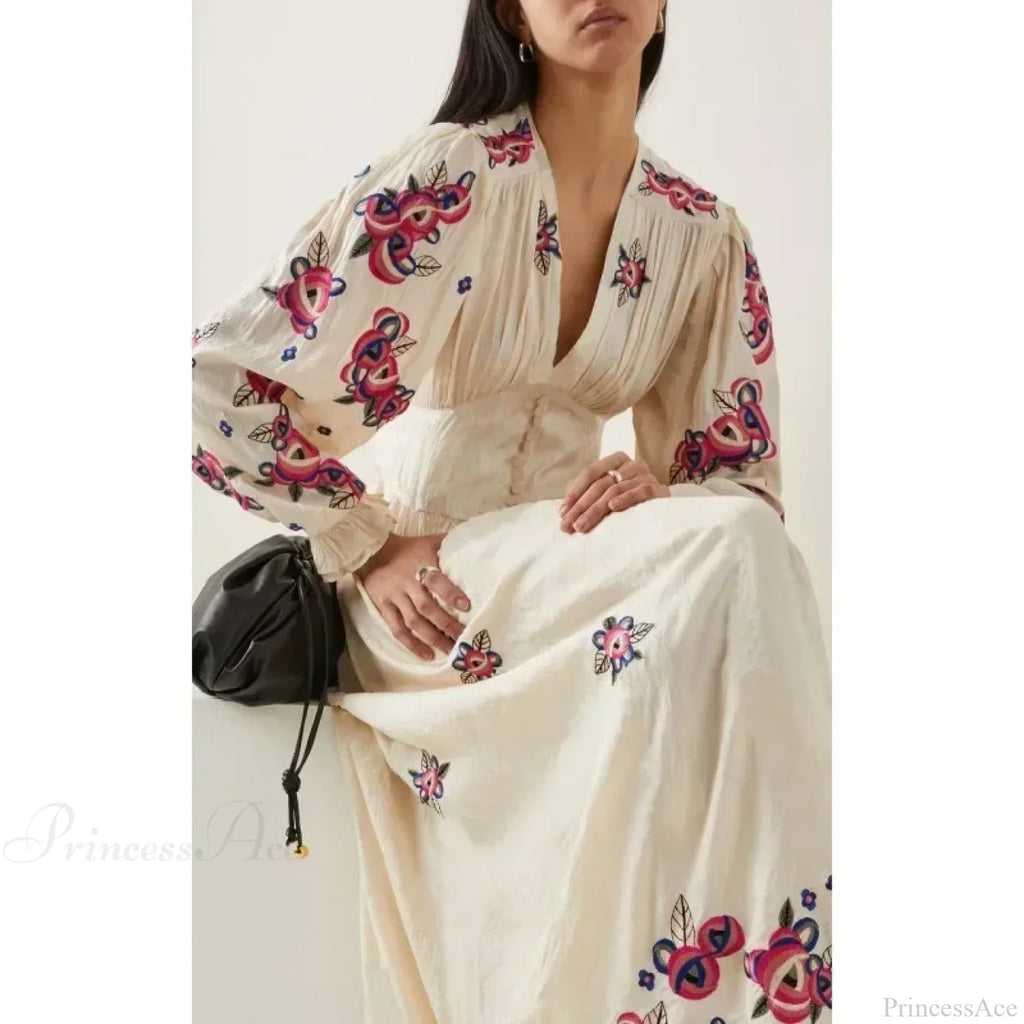 V-Neck Floral A-Line Lantern Sleeve Cotton Boho Dress
