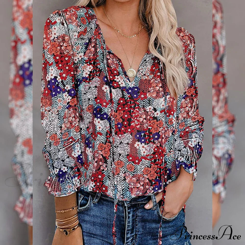 V-Neck Flowered Bohemian Dokotoo Top