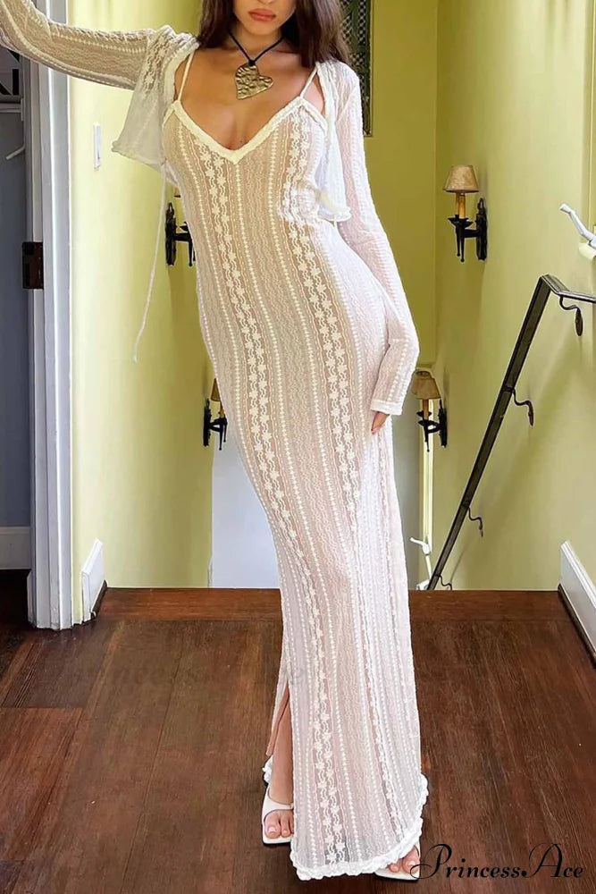 V Neck Lace Two-Piece Dress With Slit