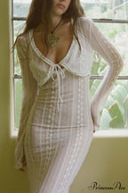V Neck Lace Two-Piece Dress With Slit