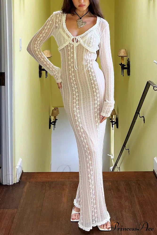 V Neck Lace Two-Piece Dress With Slit