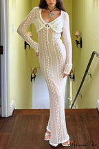 V Neck Lace Two-Piece Dress With Slit