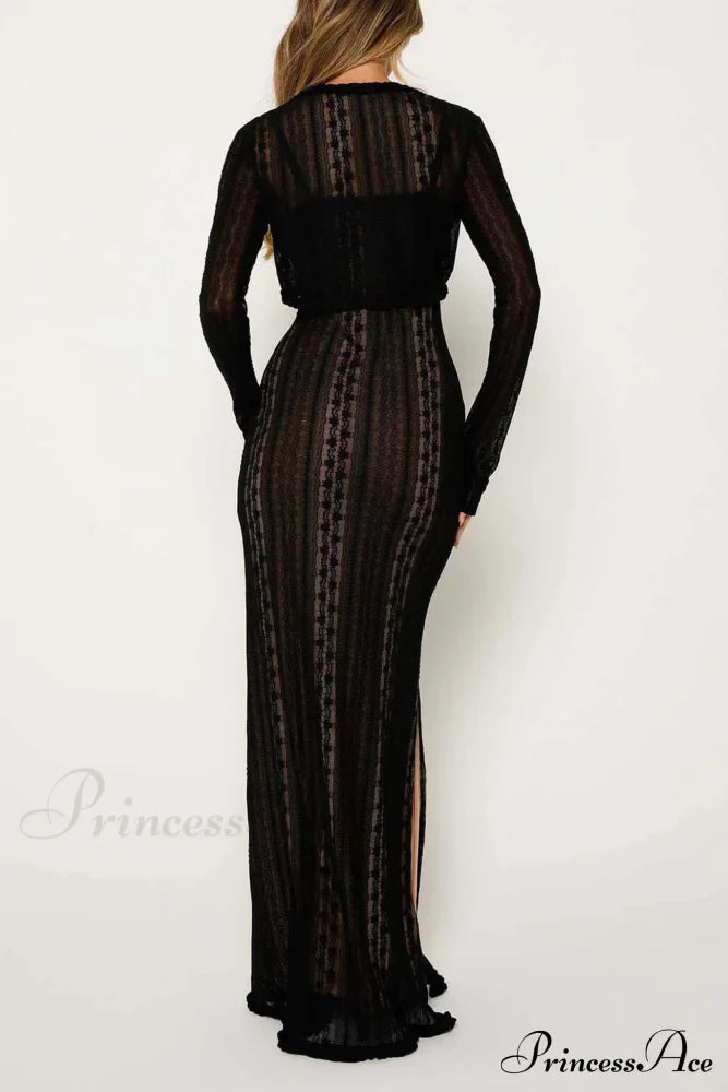 V Neck Lace Two-Piece Dress With Slit