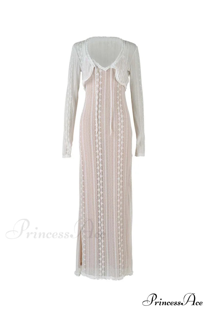 V Neck Lace Two-Piece Dress With Slit