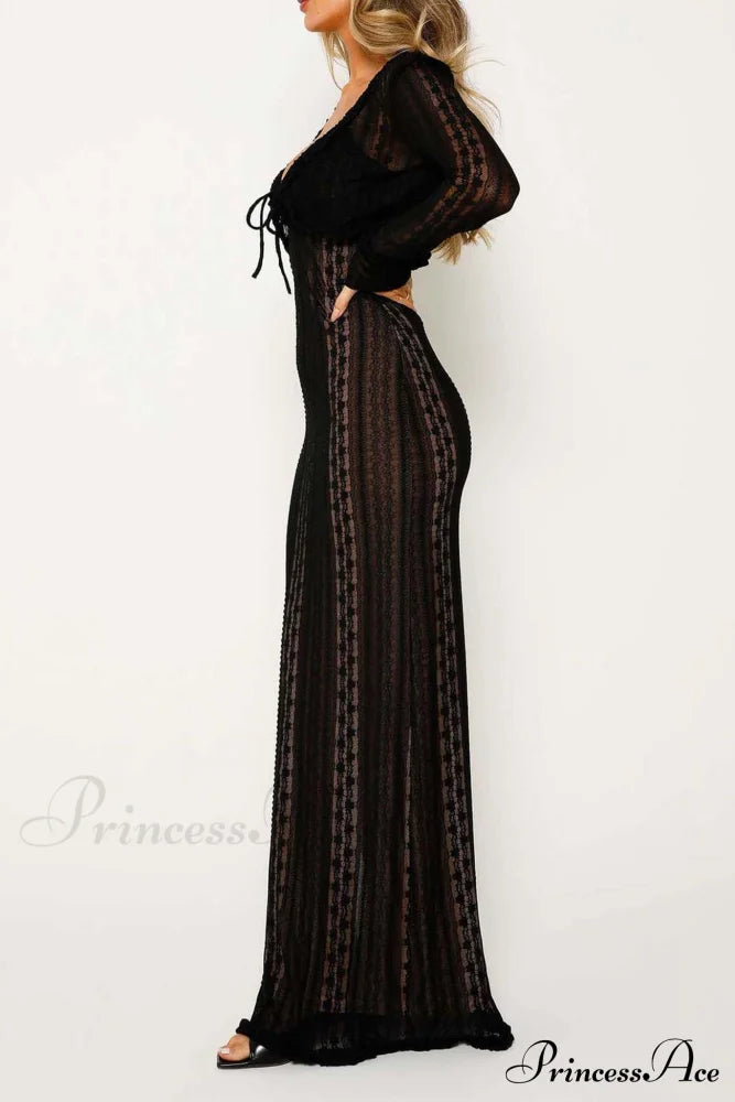 V Neck Lace Two-Piece Dress With Slit