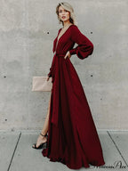 V-Neck Long Sleeves Belted Maxi Dress