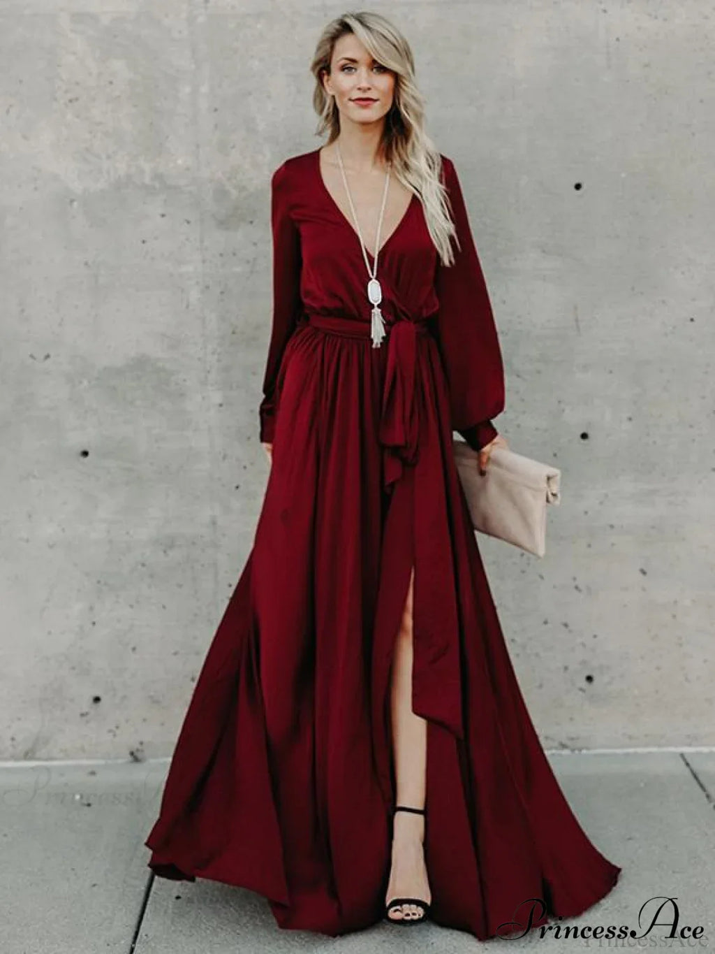 V-Neck Long Sleeves Belted Maxi Dress