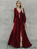 V-Neck Long Sleeves Belted Maxi Dress
