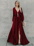 V-Neck Long Sleeves Belted Maxi Dress