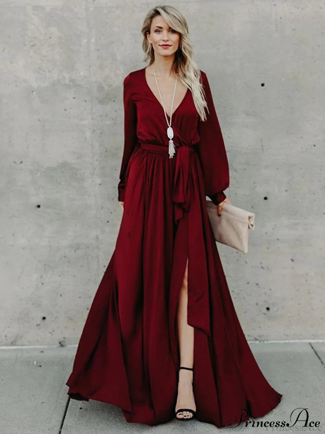 V-Neck Long Sleeves Belted Maxi Dress