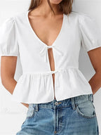 V-Neck Open Front Tie-Up Short Sleeve Blouse