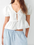 V-Neck Open Front Tie-Up Short Sleeve Blouse