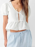 V-Neck Open Front Tie-Up Short Sleeve Blouse