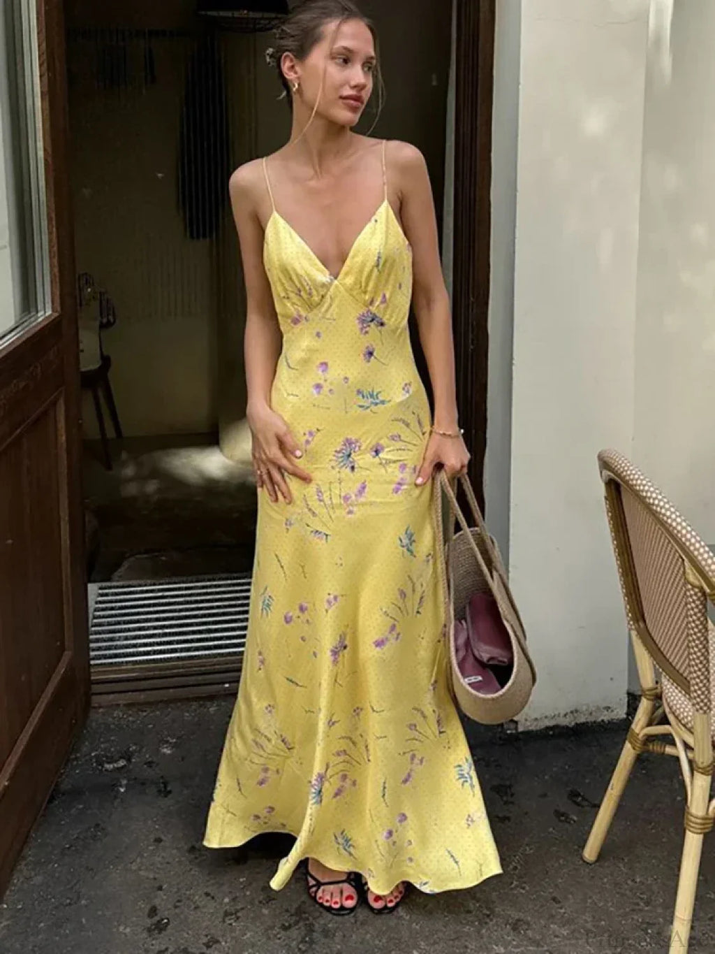 V-Neck Print Floral Yellow Vacation Dress