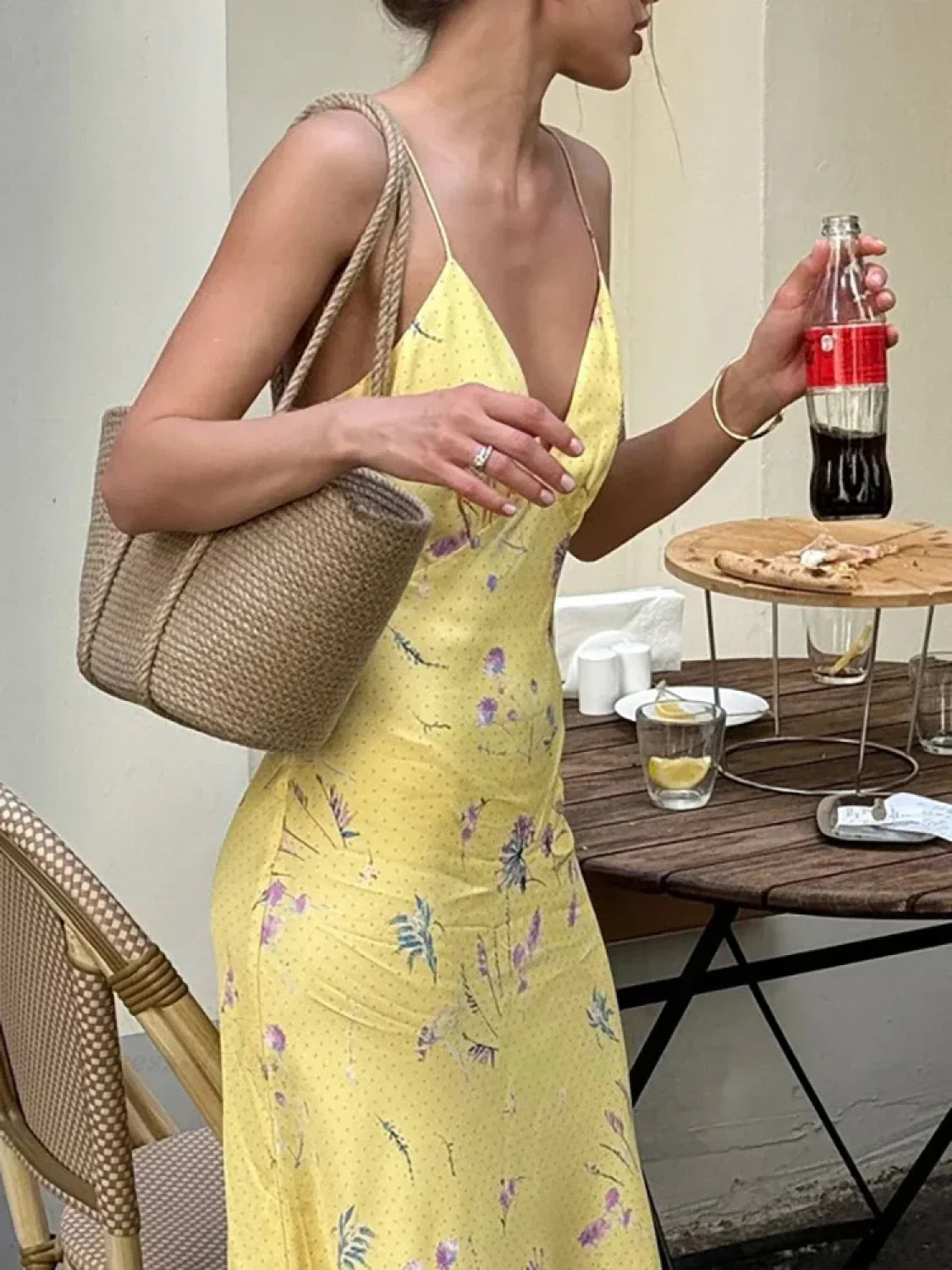 V-Neck Print Floral Yellow Vacation Dress