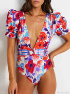 V-Neck Printed Bubble Sleeve Swimsuit One Piece