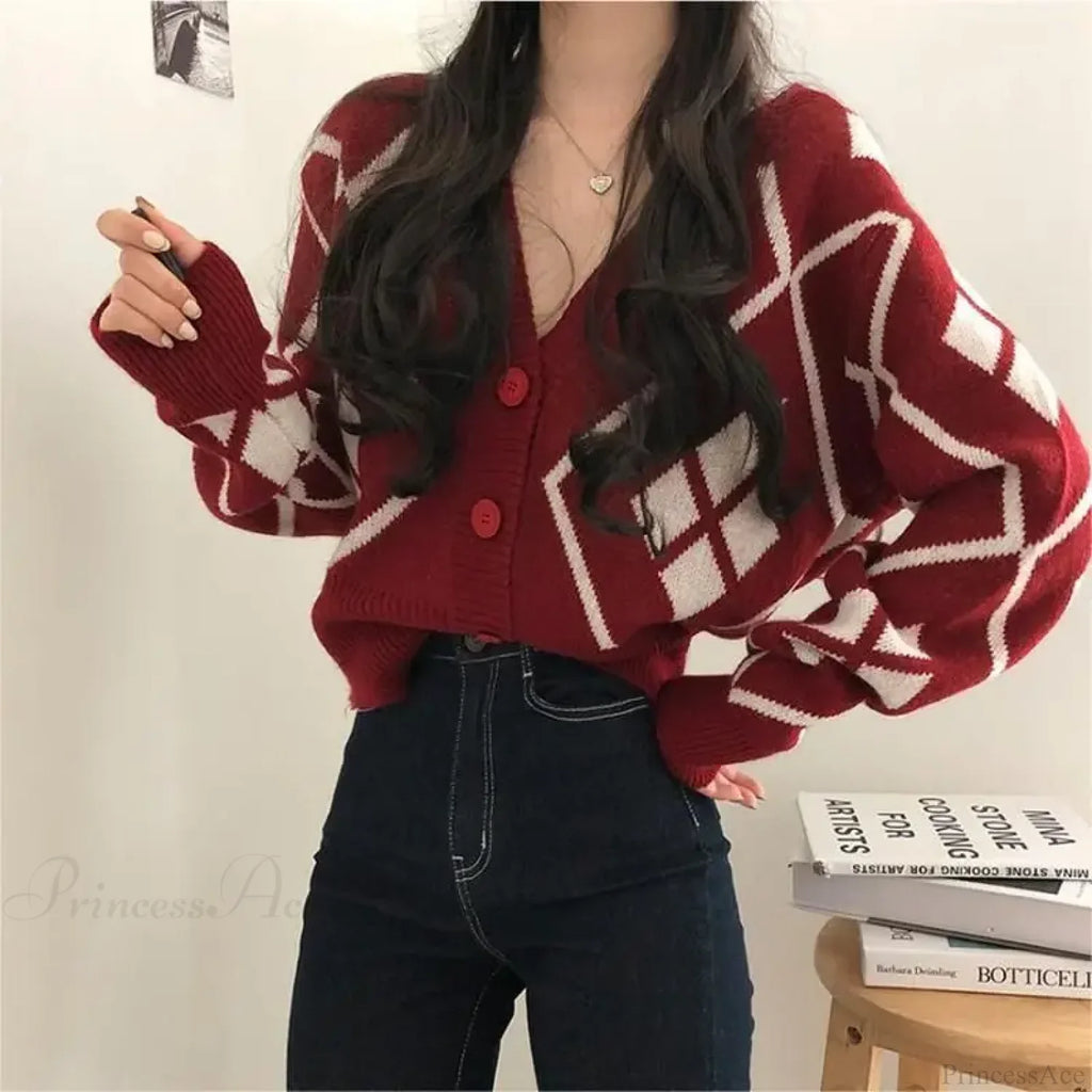 V-Neck Printed Button Cardigan