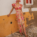 V Neck Retro Print Skirt Two Piece Set