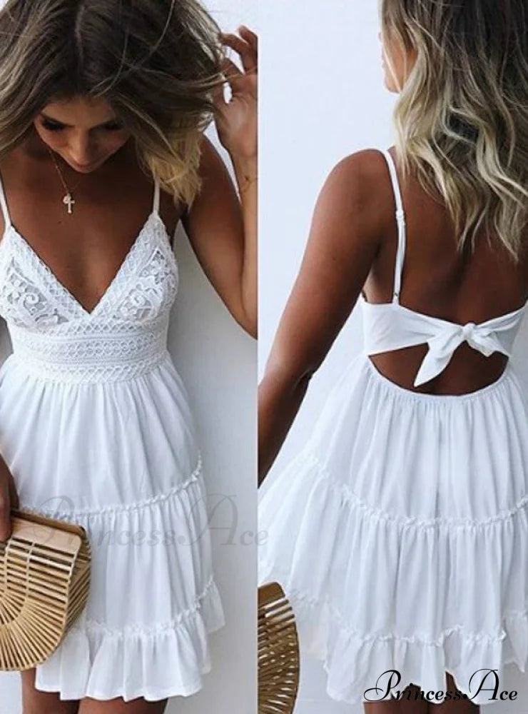V-Neck Sleeveless Lace Patchwork Beach Dress For Women