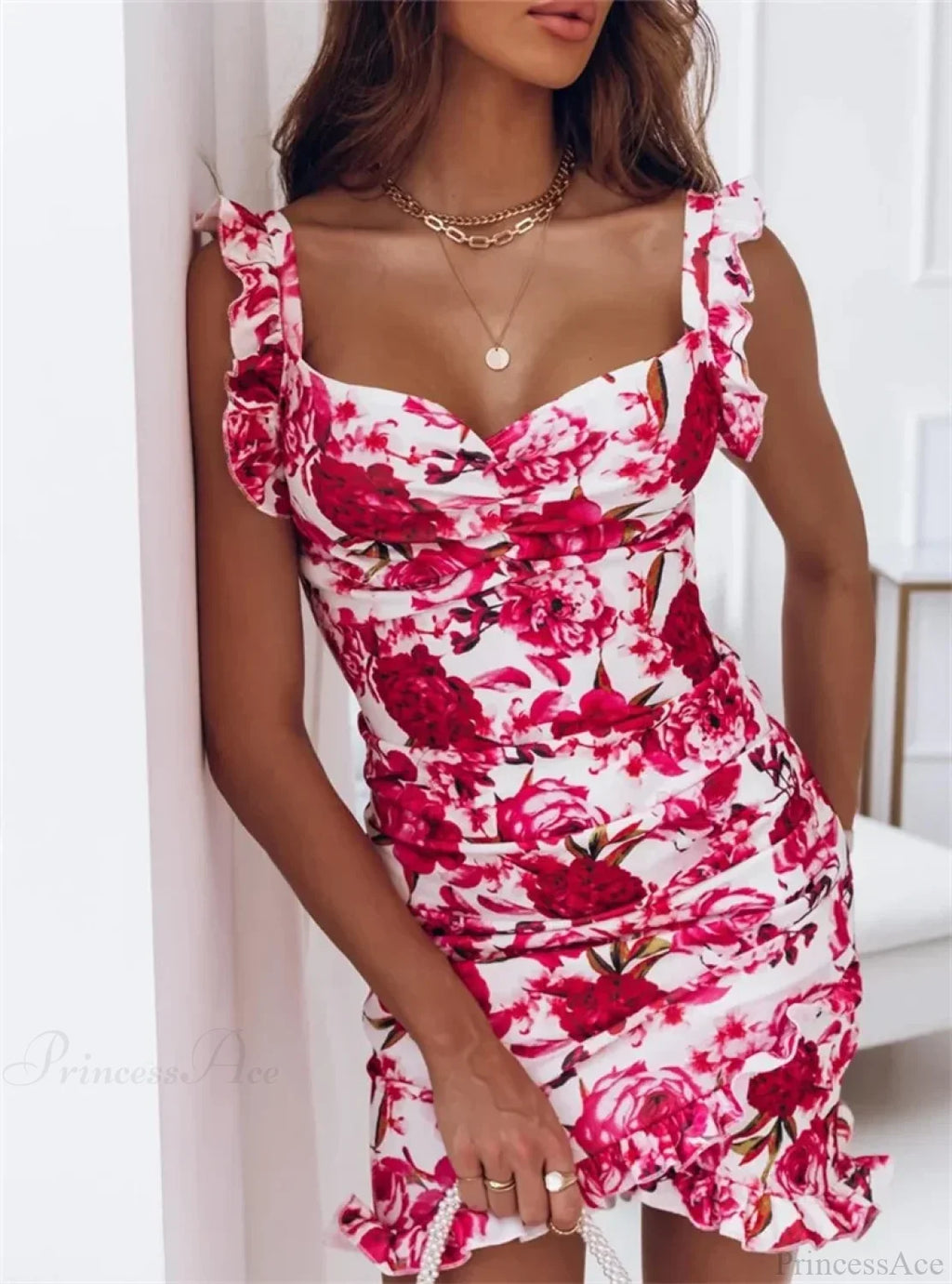 V-Neck Sleeveless Ruffle Floral Printed Bodycon Dress