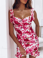 V-Neck Sleeveless Ruffle Floral Printed Bodycon Dress