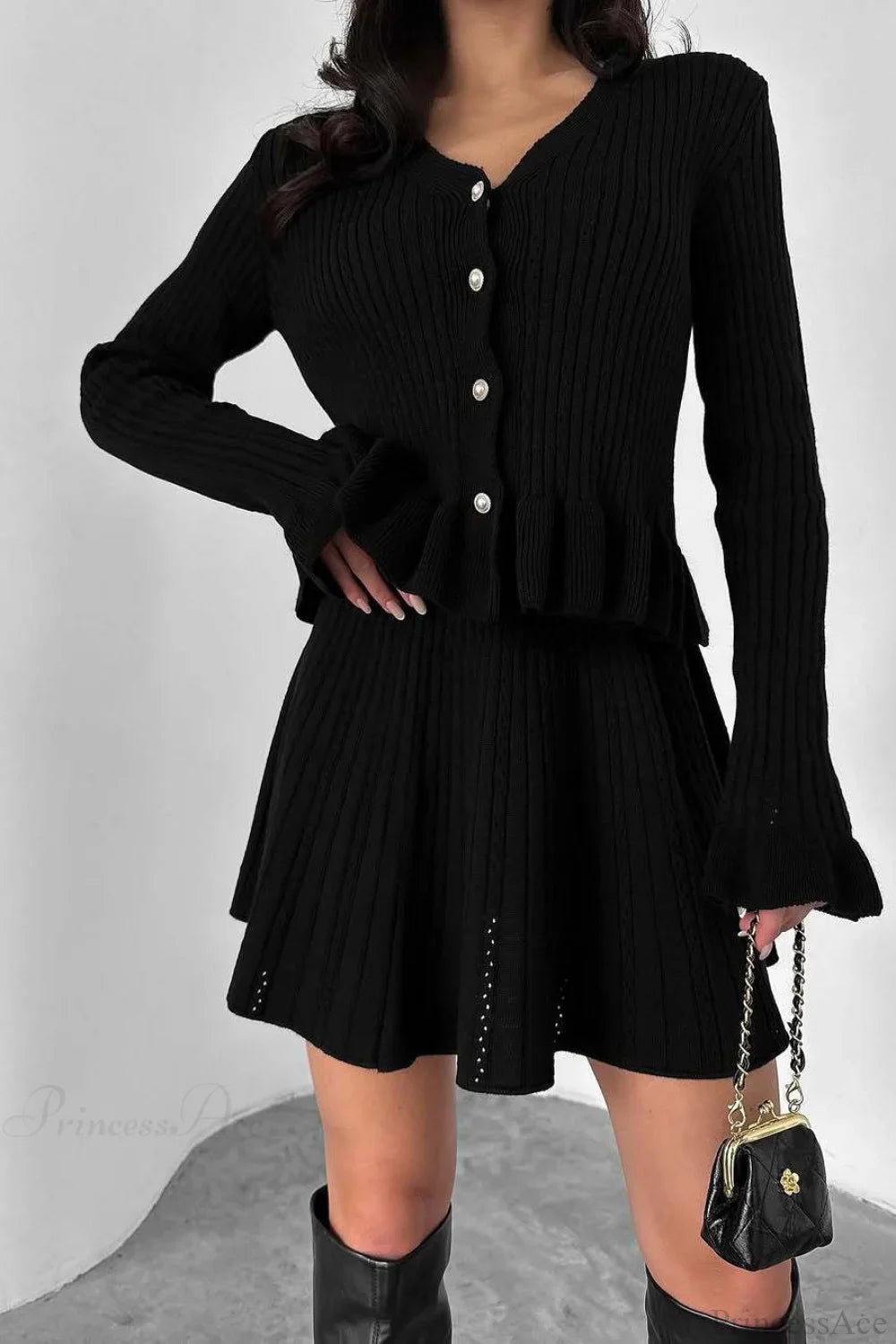 V-Neck Sparkle Ruffled Waist-Cinched Knit Two Piece Set