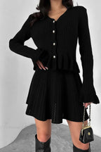 V-Neck Sparkle Ruffled Waist-Cinched Knit Two Piece Set