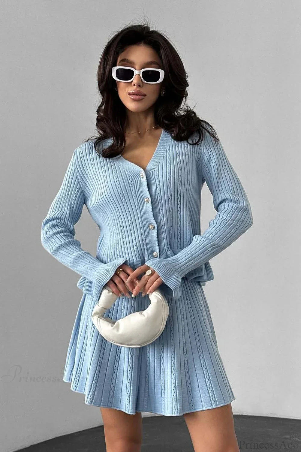 V-Neck Sparkle Ruffled Waist-Cinched Knit Two Piece Set