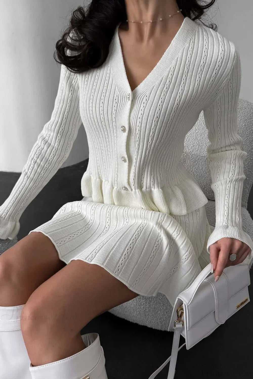 V-Neck Sparkle Ruffled Waist-Cinched Knit Two Piece Set
