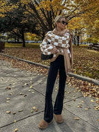 V-Neck Square Printed Color Block Cardigan