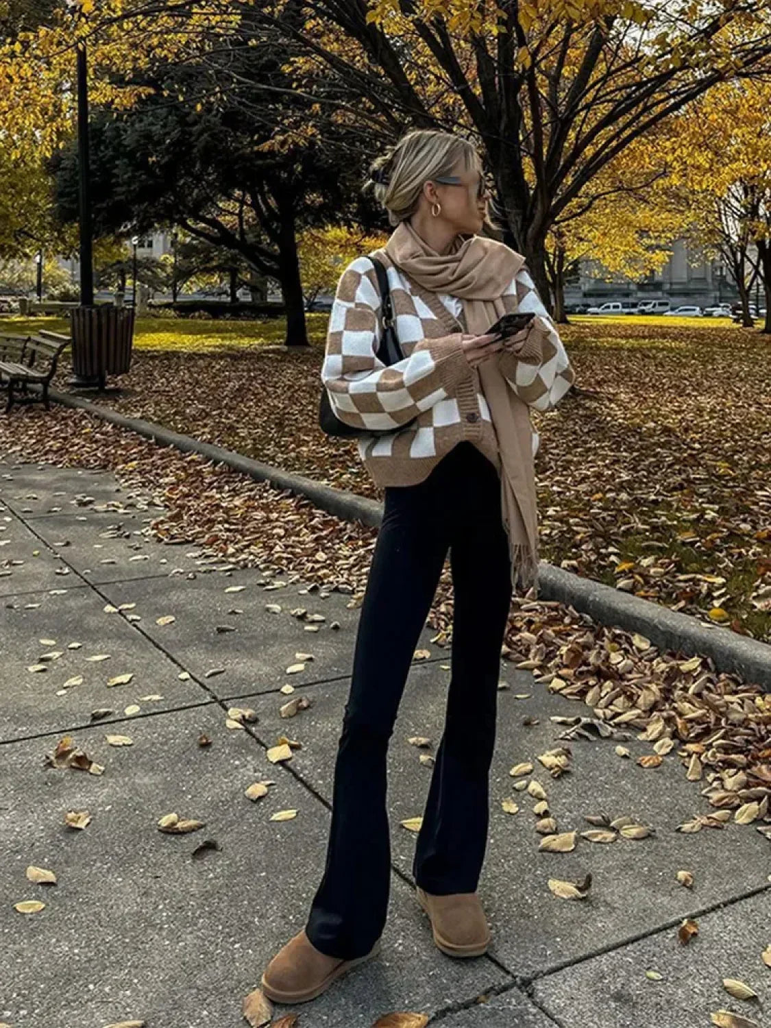 V-Neck Square Printed Color Block Cardigan